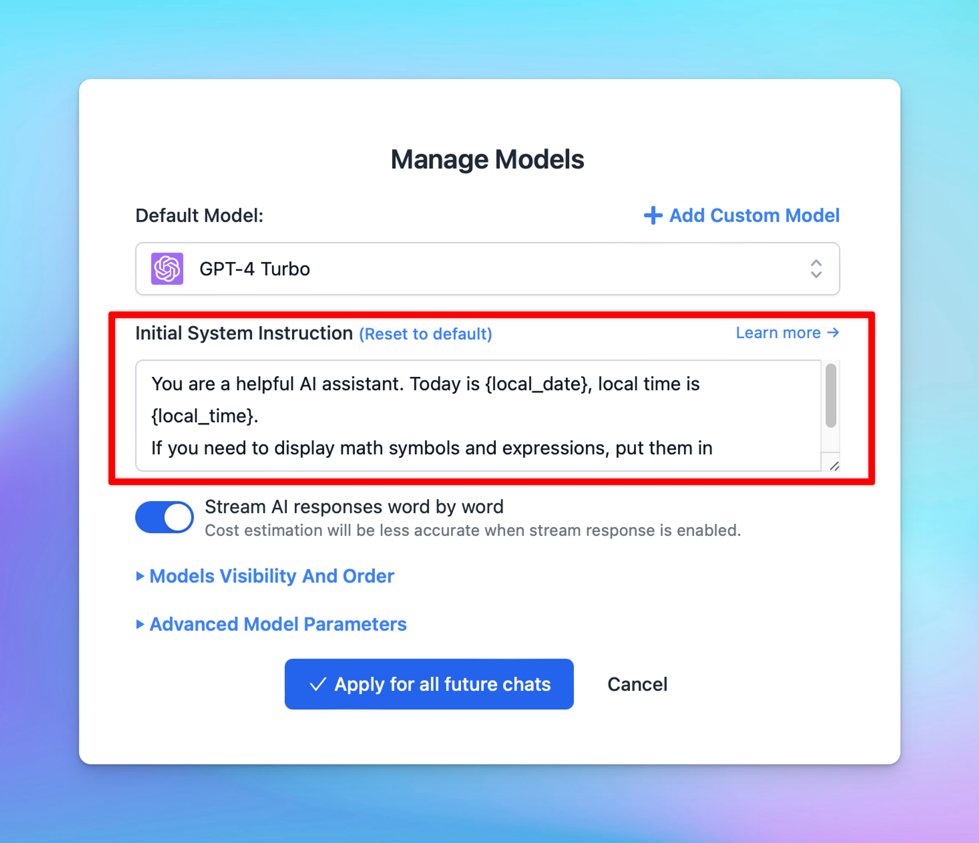 System instruction screenshot